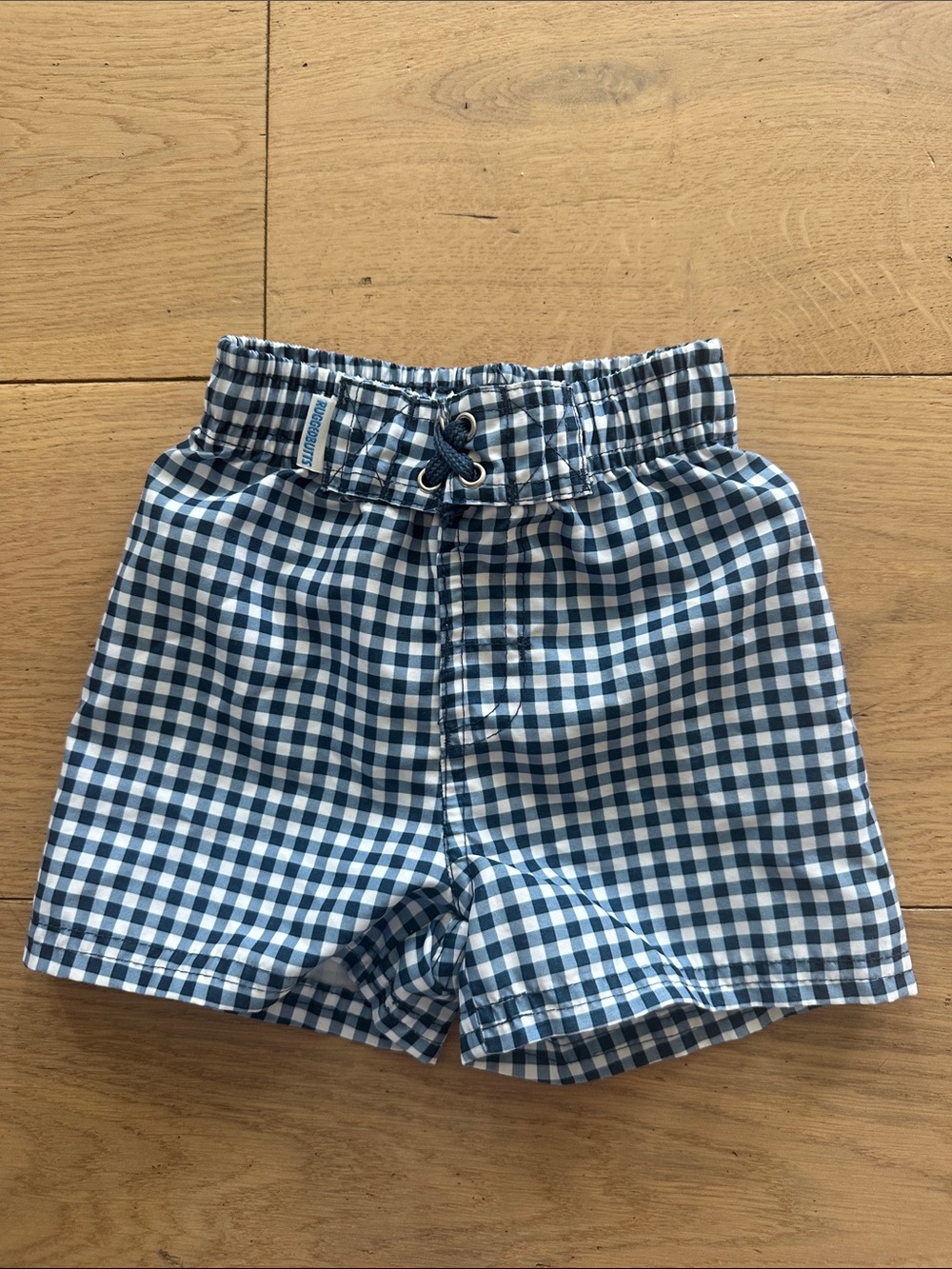 Baby Blue Gingham Swim Trunks with Drawstring Waist